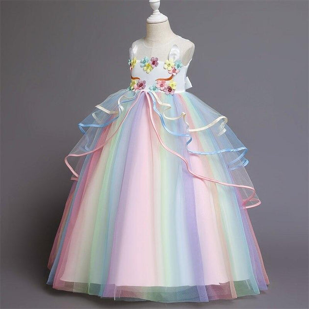 Flower Girl Unicorn Dress Wedding Party Rainbow Tutu Gown Birthday Dresses  by MomyMall
