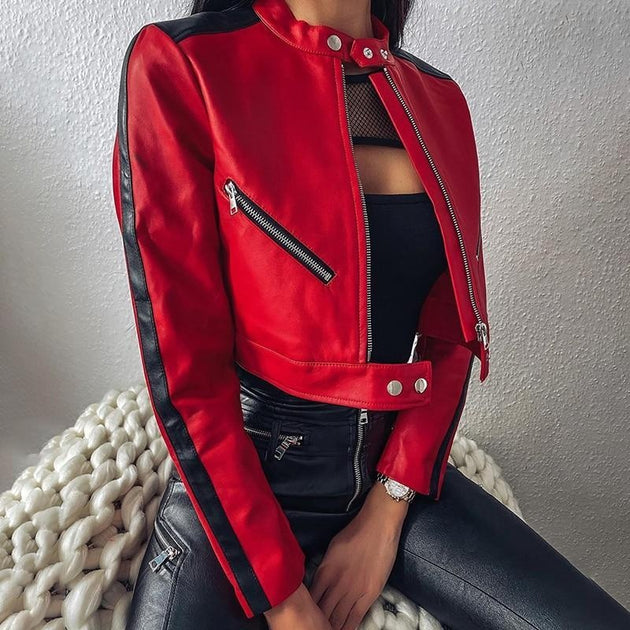 Crop Faux Leather Biker Jacket by MomyMall