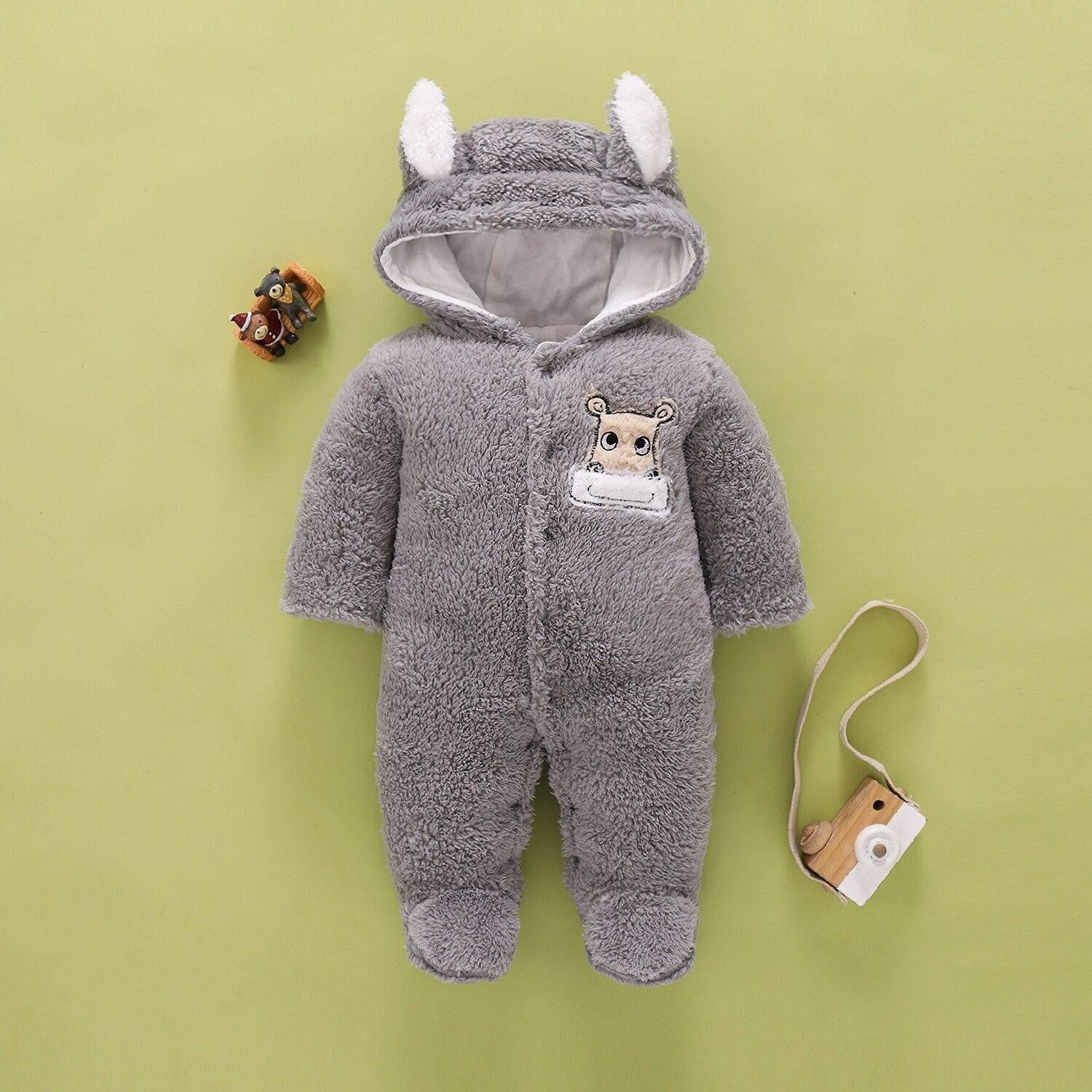 Winter Baby Overalls Fleece Thick Wool Rompers Jumpsuit Infant Clothes - MomyMall Grey / 0-3M