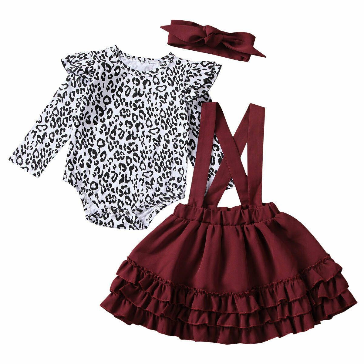 Baby Girl Leopard Set Autumn Long Sleeve Romper Ruffles Skirts Outfits 0-24M - MomyMall