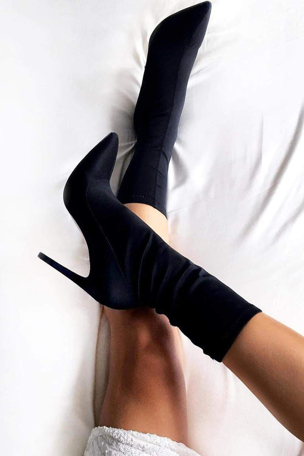 Black Pointed Sock Stiletto Heeled Boots - MomyMall