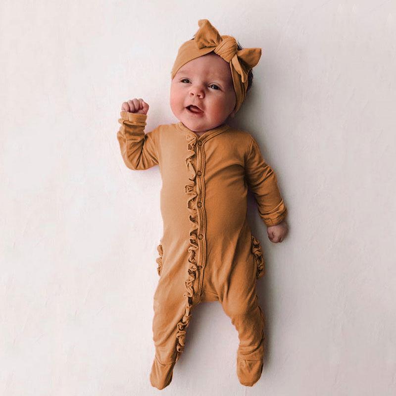 Sweet Solid Printed Fold Edge Long-sleeve Baby Jumpsuit With Headband - MomyMall Khaki / 0-3 Months