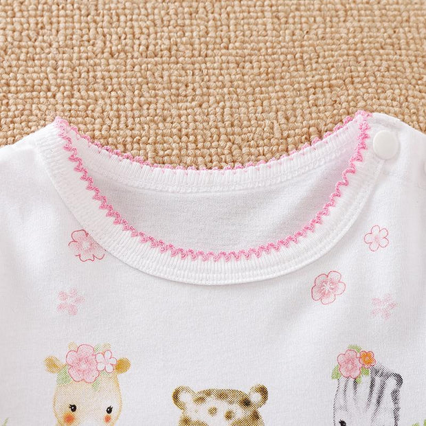 Lovely Three Animals Printed Fold Edge Long-sleeve Baby Girl Jumpsuit - MomyMall