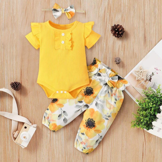 3PCS Pretty Floral Printed Baby Set - MomyMall Yellow / 0-3 Months