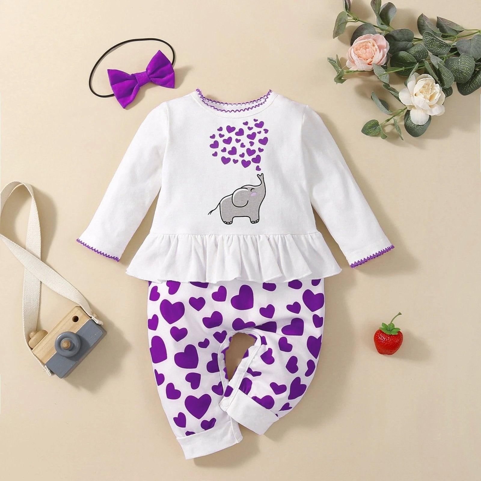 2PCS Cute Cartoon Elephant Heart Printed Baby Jumpsuit