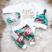4pcs "Little Sister" Letter Printed Romper With Floral Printed Pants Baby Girl Set - MomyMall White / 3-6 Months