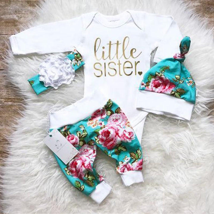 4pcs "Little Sister" Letter Printed Romper With Floral Printed Pants Baby Girl Set - MomyMall White / 0-3 Months