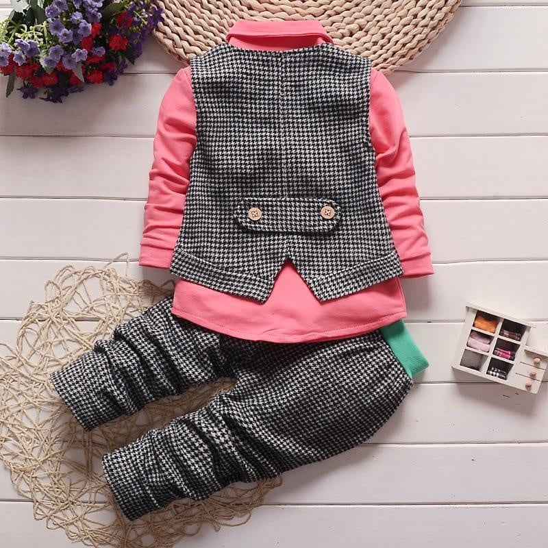 Baby Boys Plaid Clothes Set Pink Tops+ Vest +Bottoms 3 Pcs Suit