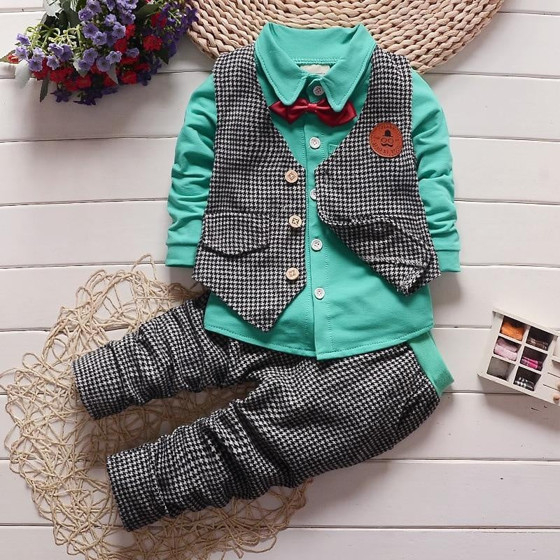 Baby Boys Plaid Clothes Set Pink Tops+ Vest +Bottoms 3 Pcs Suit