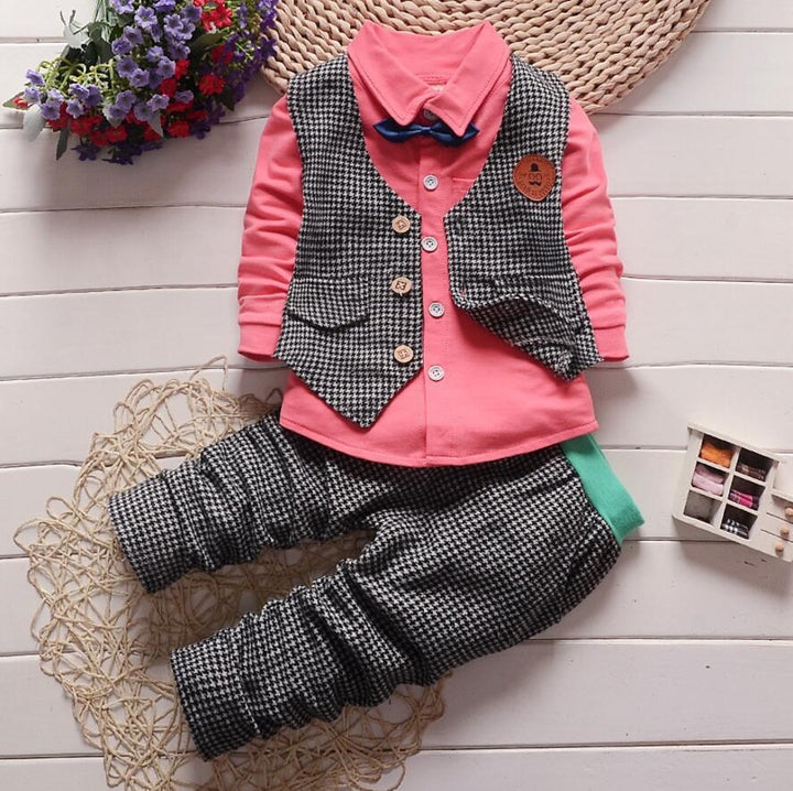 Baby Boys Plaid Clothes Set Pink Tops+ Vest +Bottoms 3 Pcs Suit