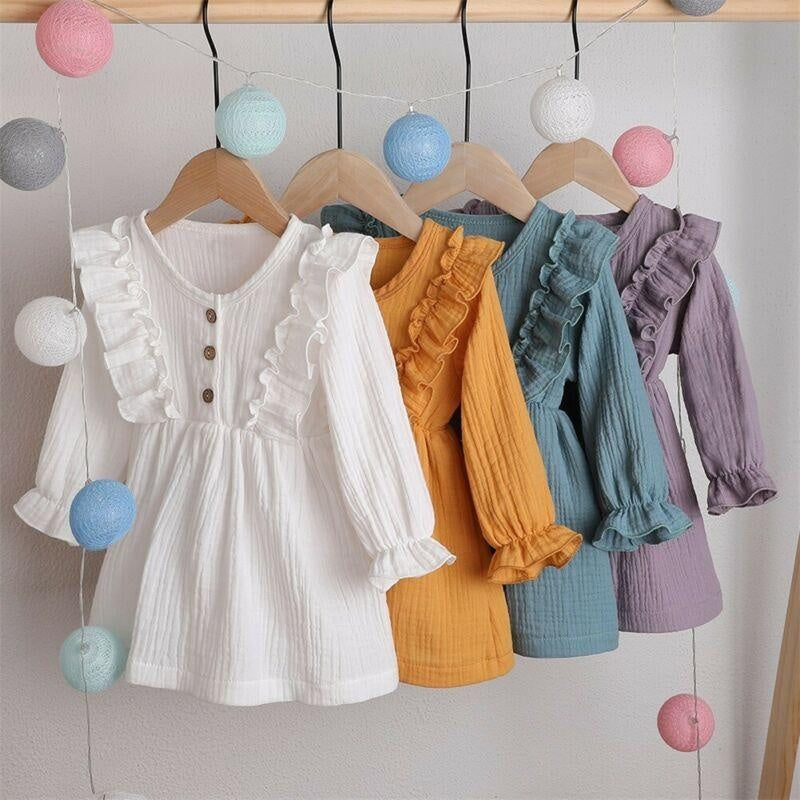 Toddler Kids Baby Girl Ruffles Long Sleeve Solid Linen Casual Dress 1-6Y - MomyMall