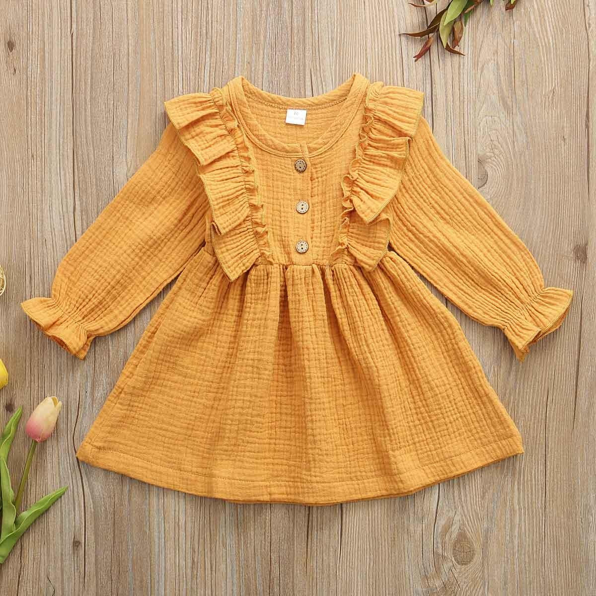 Toddler Kids Baby Girl Ruffles Long Sleeve Solid Linen Casual Dress 1-6Y - MomyMall