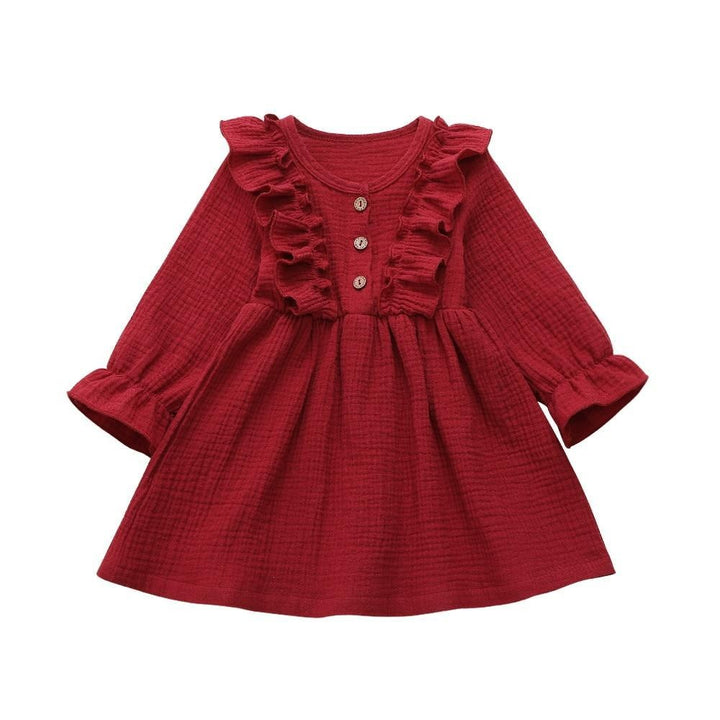 Toddler Kids Baby Girl Ruffles Long Sleeve Solid Linen Casual Dress 1-6Y - MomyMall Wine Red / 1-2 Years