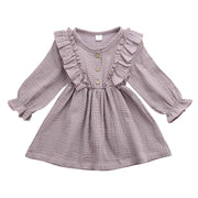 Toddler Kids Baby Girl Ruffles Long Sleeve Solid Linen Casual Dress 1-6Y - MomyMall Purple / 1-2 Years