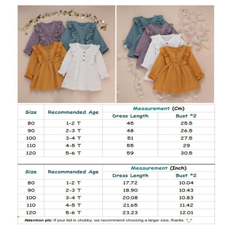 Toddler Kids Baby Girl Ruffles Long Sleeve Solid Linen Casual Dress 1-6Y - MomyMall