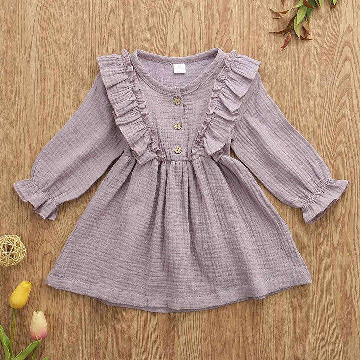 Toddler Kids Baby Girl Ruffles Long Sleeve Solid Linen Casual Dress 1-6Y - MomyMall