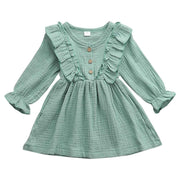 Toddler Kids Baby Girl Ruffles Long Sleeve Solid Linen Casual Dress 1-6Y - MomyMall Green / 1-2 Years