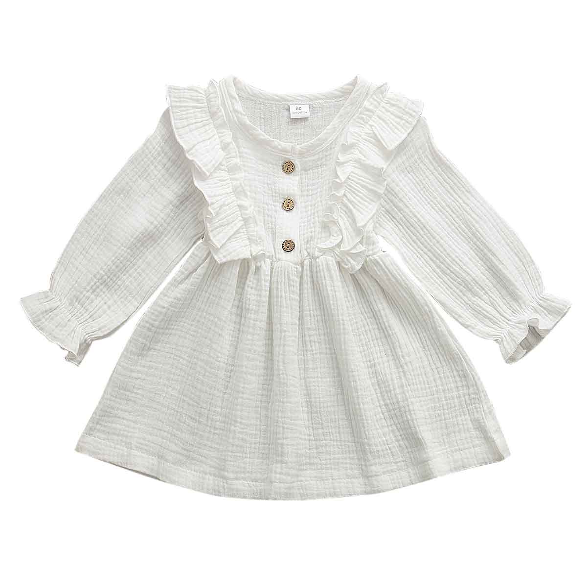 Toddler Kids Baby Girl Ruffles Long Sleeve Solid Linen Casual Dress 1-6Y - MomyMall White / 1-2 Years