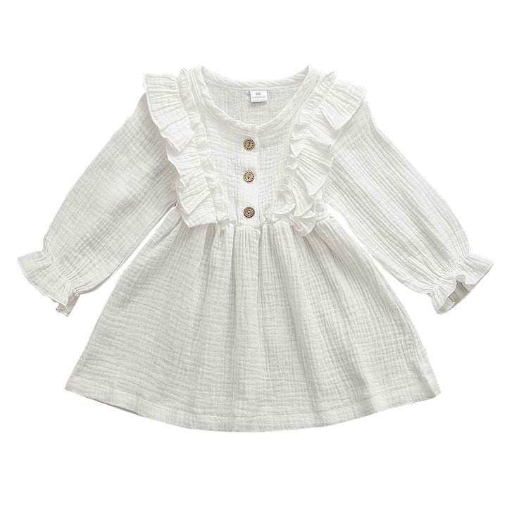 Toddler Kids Baby Girl Ruffles Long Sleeve Solid Linen Casual Dress 1-6Y - MomyMall White / 1-2 Years
