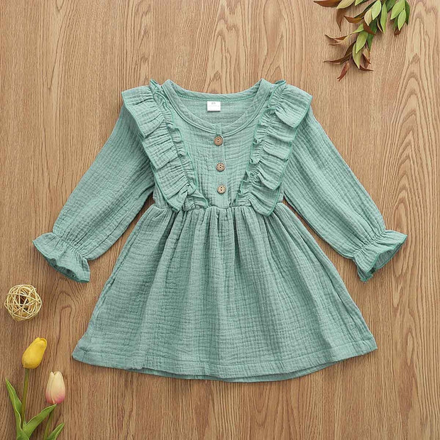 Toddler Kids Baby Girl Ruffles Long Sleeve Solid Linen Casual Dress 1-6Y - MomyMall