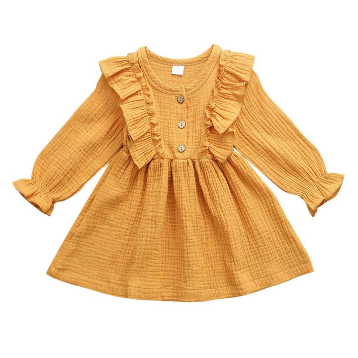 Toddler Kids Baby Girl Ruffles Long Sleeve Solid Linen Casual Dress 1-6Y - MomyMall Yellow / 1-2 Years