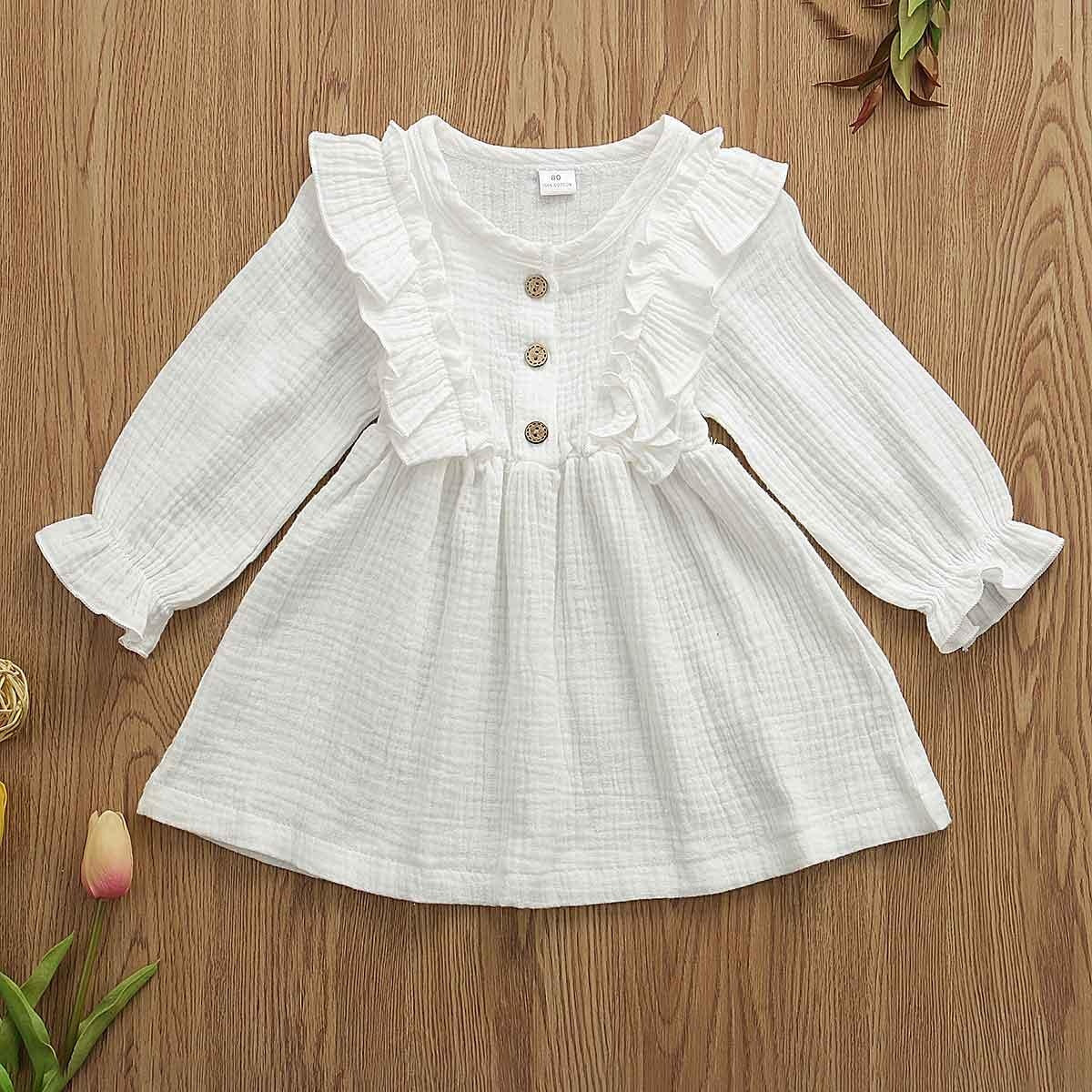 Toddler Kids Baby Girl Ruffles Long Sleeve Solid Linen Casual Dress 1-6Y - MomyMall