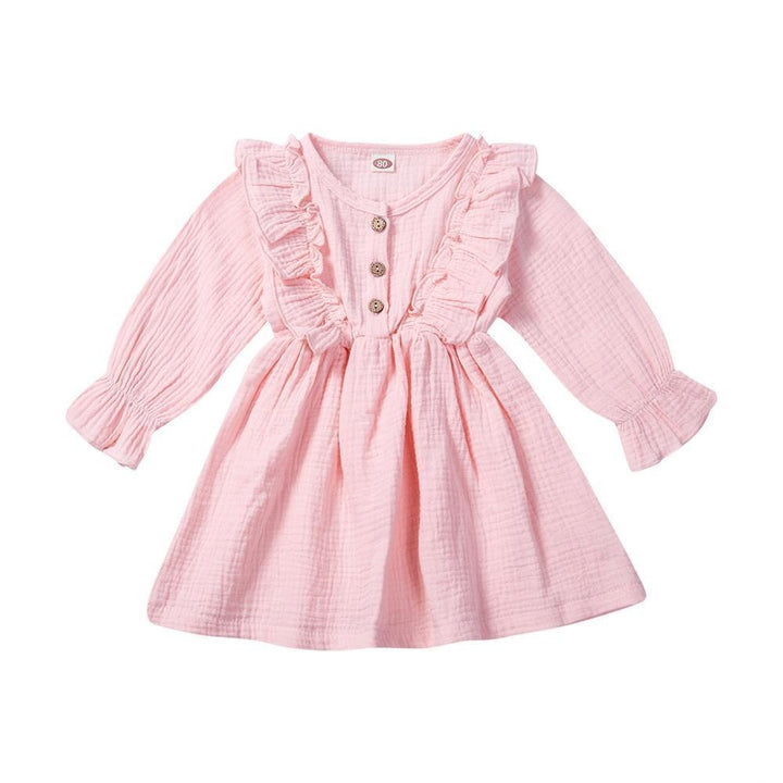 Toddler Kids Baby Girl Ruffles Long Sleeve Solid Linen Casual Dress 1-6Y - MomyMall Pink / 1-2 Years