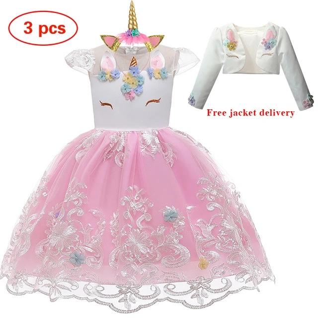 Girl Embroidery Unicorn Big Bow Princess Wedding Party Dresses - MomyMall white 3 Pcs / 2-3 Years