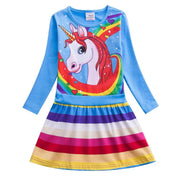Girl Unicorn Print Rainbow Striped Long Sleeve Dress - MomyMall Light blue / 100cm:2-3years