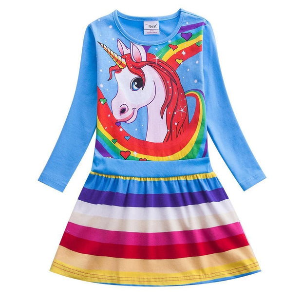 Girl Unicorn Print Rainbow Striped Long Sleeve Dress - MomyMall Light blue / 100cm:2-3years