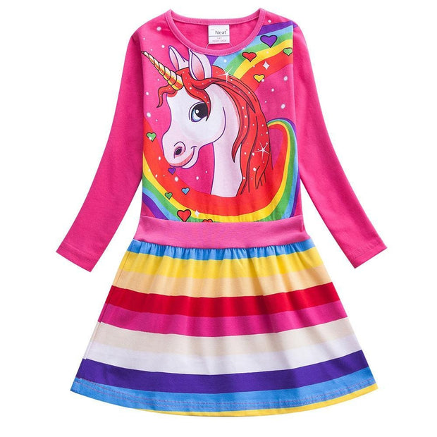 Girl Unicorn Print Rainbow Striped Long Sleeve Dress - MomyMall Rose red / 100cm:2-3years
