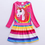 Girl Unicorn Print Rainbow Striped Long Sleeve Dress - MomyMall