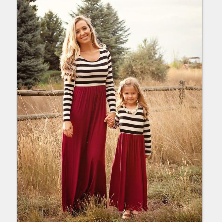 Family Matching Striped Burgundy  Dress Parent-child Dress