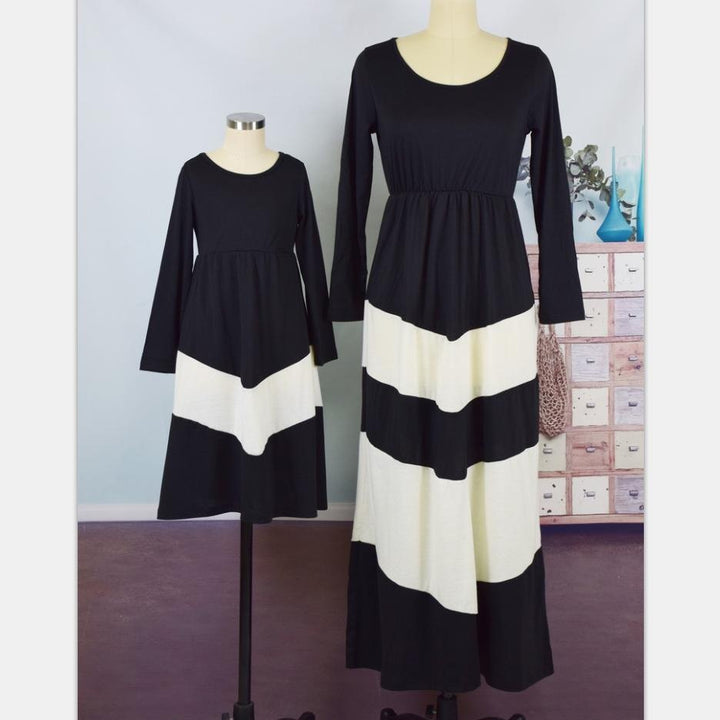 Family Matching Contrast Stitching Striped Parent-child Dress - MomyMall