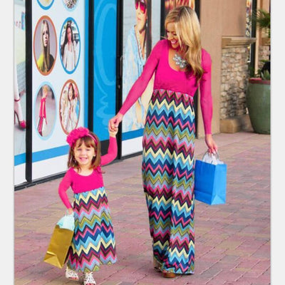 Family Matching Long-sleeved Wave Print Parent-child Dress - MomyMall Type1 / S