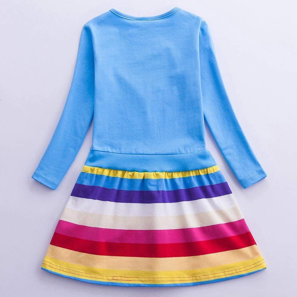 Girl Unicorn Print Rainbow Striped Long Sleeve Dress - MomyMall