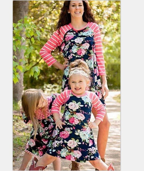 Family Matching Printed Stripe Stitching Parent-child Dress