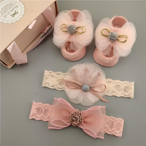 Baby Lovely Lace Crown Bow Headband and Floral Socks - MomyMall