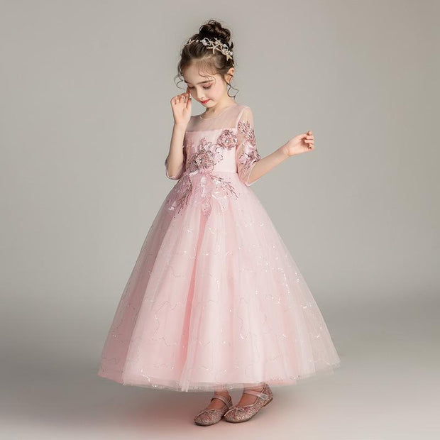 Sequins Flower Girls Floral Host Celebration Party Princess Dresses - MomyMall Pink / 5-6 Years