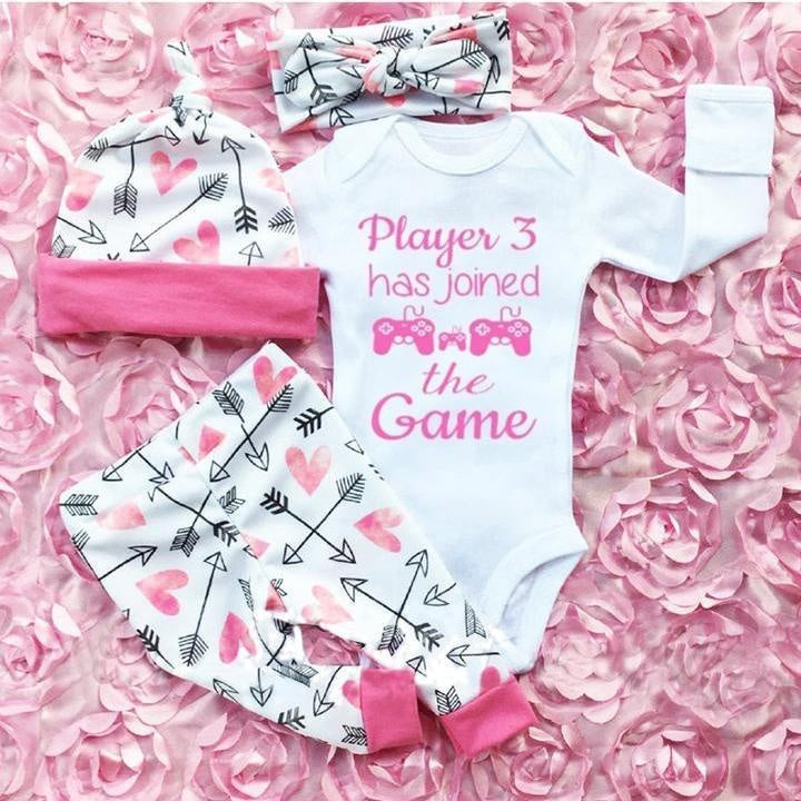 4PCS "Player 3 has joined the Game" Letters Printed Lovely Long Sleeve Romper With Heart Printed Pants Baby Set - MomyMall White / 0-3 Months