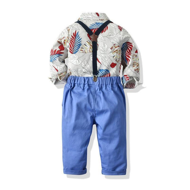 Gray Printed Long-sleeved Suspenders Baby Boy 2 Pcs Set suits - MomyMall