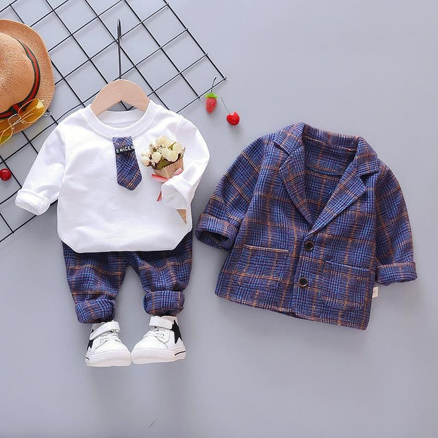 Boy Suit Autumn Plaid Long Sleeves Fashion 3 Pcs Set - MomyMall Purple / 9-12Month