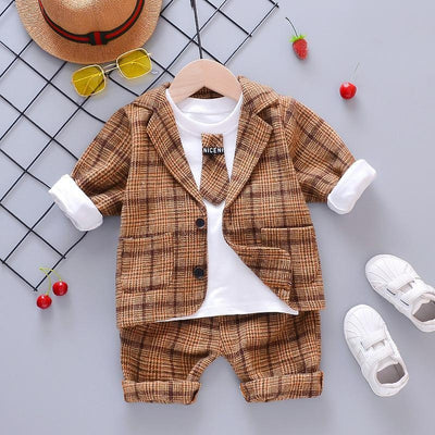 Boy Suit Autumn Plaid Long Sleeves Fashion 3 Pcs Set - MomyMall chocolate / 9-12Month