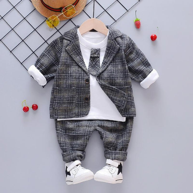Boy Suit Autumn Plaid Long Sleeves Fashion 3 Pcs Set - MomyMall grey / 9-12Month