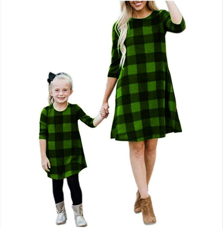 Family Matching Three-quarter Sleeves Chequered Parent-child Dress - MomyMall Green / S