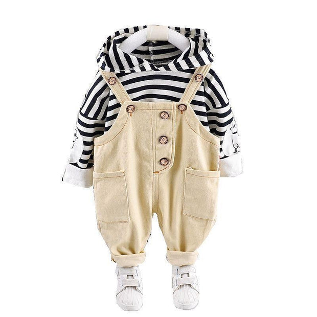 Boys Girls Bib Boys Striped Hooded Long Sleeve 2 Pcs Set