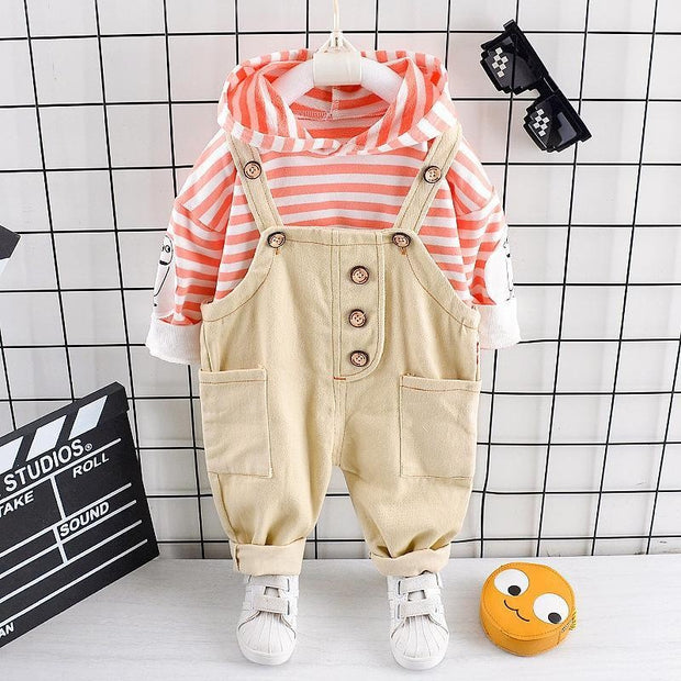 Boys Girls Bib Boys Striped Hooded Long Sleeve 2 Pcs Set