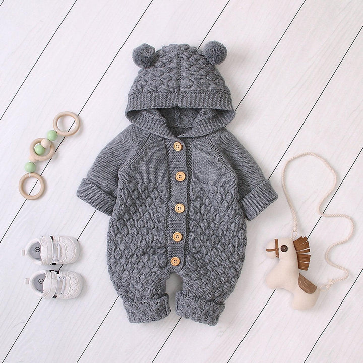 Baby Wool Ball Hooded Knitted Jumpsuit Burst Bodysuits - MomyMall Grey / 66cm：3-6months