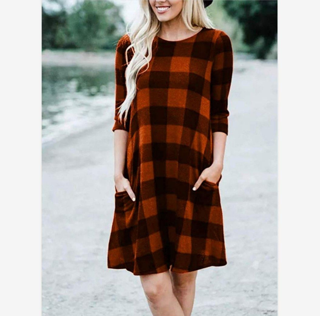 Family Matching Three-quarter Sleeves Chequered Parent-child Dress - MomyMall