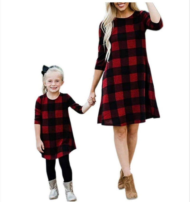 Family Matching Three-quarter Sleeves Chequered Parent-child Dress - MomyMall Red / S